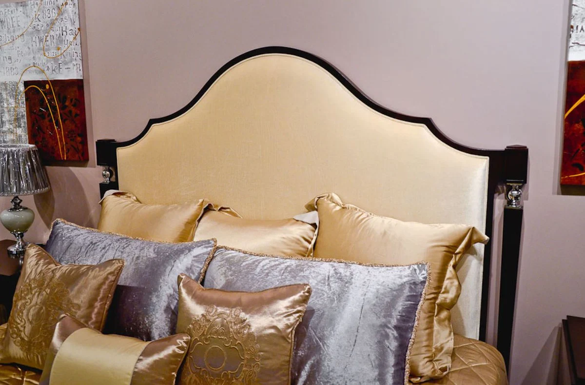 Luxus Neoklassisches Schlafzimmer Set Hellbeige / Dunkelbraun / Silber - 1 Doppelbett mit Kopfteil & 2 Nachtkommoden - Neoklassische Schlafzimmer Möbel