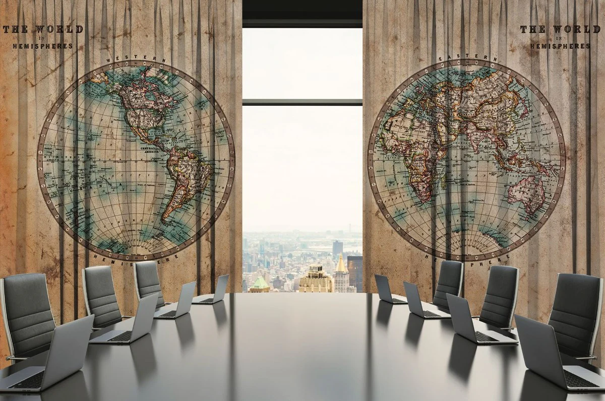 Luxus Vorhang Set Weltkugel Beige / Mehrfarbig 250 x H. 290 cm - Bedruckte Leinen & Samt Vorhänge - Ösenvorhänge - Schiebevorhänge - Luxus Qualität