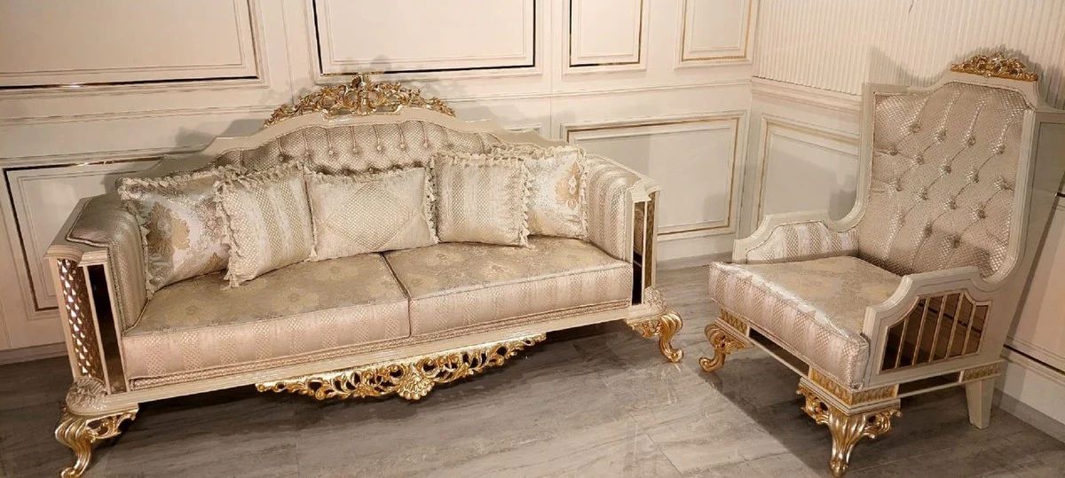 Luxus Barock Wohnzimmer Sofa Gold / Creme / Gold - Handgefertigtes Barockstil Sofa - Luxus Wohnzimmer Möbel im Barockstil - Barock Möbel - Edel & Prunkvoll