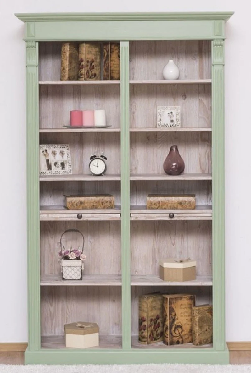 Landhausstil Bücherschrank Grün / Naturfarben 120 x 37 x H. 197 cm - Massivholz Schrank - Regalschrank - Wohnzimmerschrank - Landhausstil Möbel