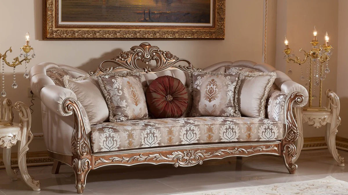 Luxus Barock Sofa Grau / Kupfer / Silber - Prunkvolles Wohnzimmer Sofa mit elegantem Muster - Barock Wohnzimmer & Hotel Möbel - Edel & Prunkvoll