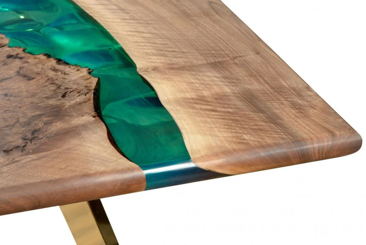 Luxus Esstisch Braun / Grün / Gold 210 x 100 x H. 76 cm - Rechteckiger Küchentisch mit Epoxiharz - Esszimmer Möbel - Epoxiharz Möbel - Luxus Möbel