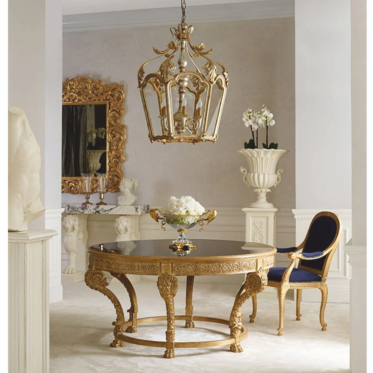 Luxus Barock Esstisch mit Glasplatte Naturfarben / Schwarz Ø 142 cm - Made in Italy