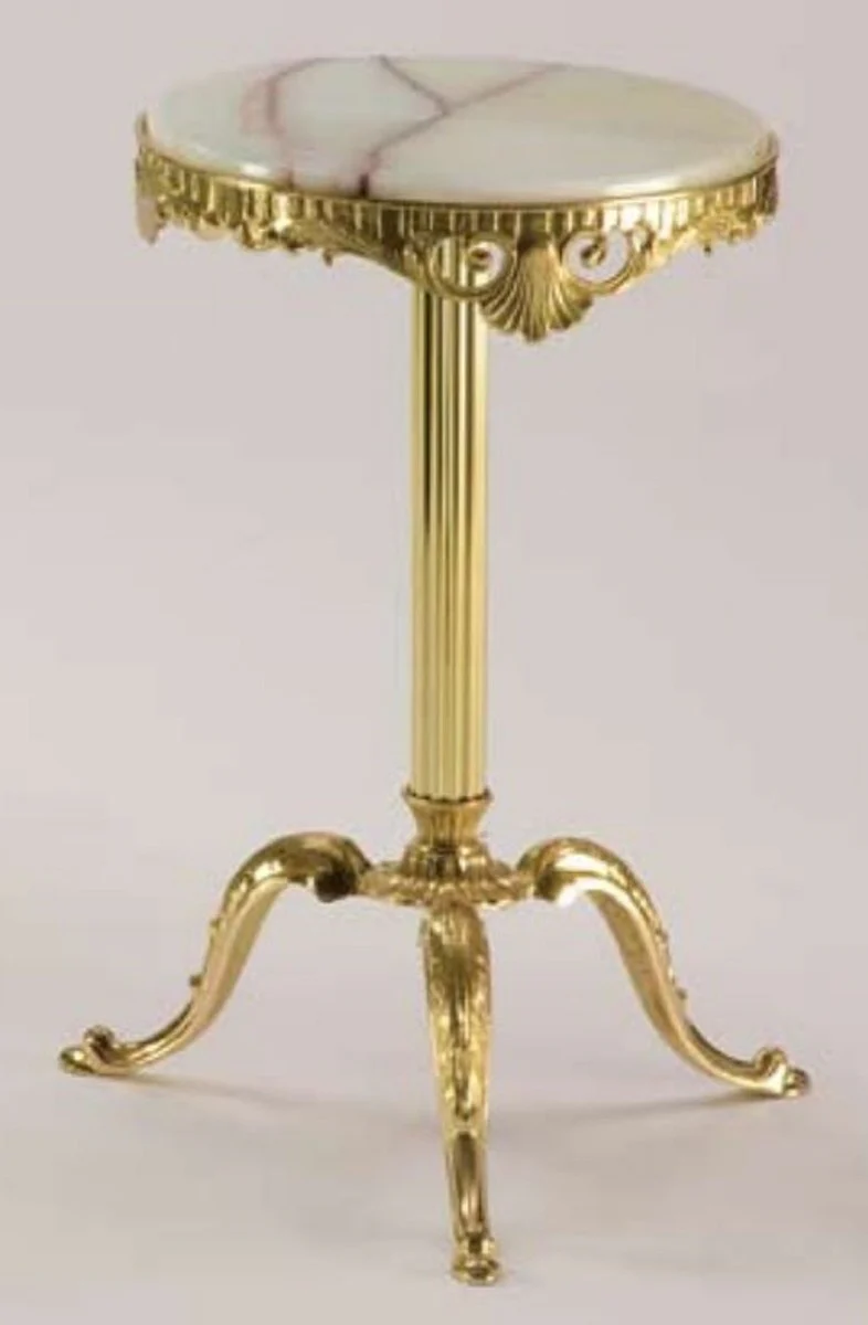 Luxus Barock Beistelltisch Creme / Gold Ø 32 x H. 50 cm - Runder Messing Tisch mit Onyx Kunststein Tischplatte - Barock Möbel - Luxus Qualität - Made in Italy