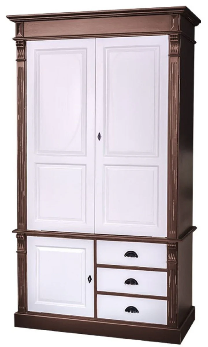 Landhausstil Kleiderschrank Antik Braun / Weiß 120 x 59 x H. 210 cm - Massivholz Schlafzimmerschrank mit 3 Türen und 3 Schubladen - Landhausstil Schlafzimmermöbel