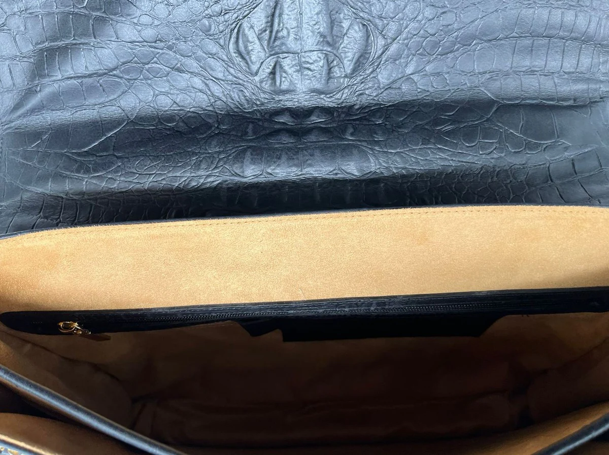 Luxus Echtleder Herren Aktentasche in Kroko Optik Schwarz / Gold 42 cm - Made in Italy
