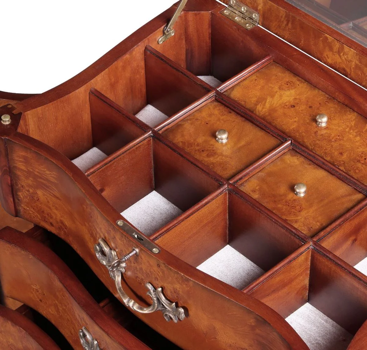 Luxus Barock Schmuckkommode Hellbraun / Braun / Silber 56 x 36 x H. 128 cm - Edle Massivholz Kommode mit Spiegel - Schmuckschrank im Barockstil - Barock Möbel