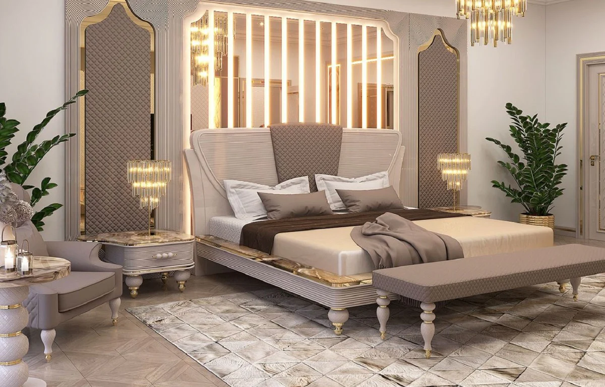 Luxus Art Deco Nachttisch Set Grau / Weiß / Gold 75 x 50 x H. 48 cm - Prunkvolle Massivholz Nachtkommoden - Art Deco Schlafzimmer & Hotel Möbel - Luxus Kollektion