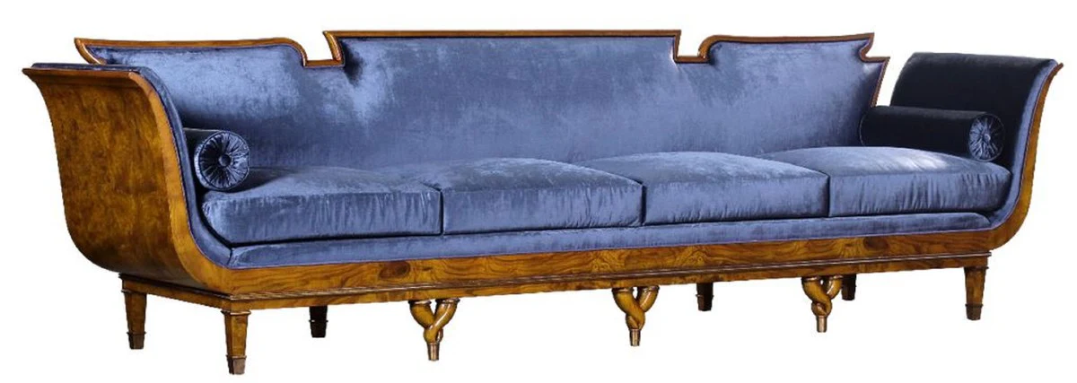 Luxus Jugendstil 4er Samt Sofa Blau / Hellbraun - Edles Handgefertigtes Wohnzimmer Sofa - Barock & Jugendstil Wohnzimmer Möbel