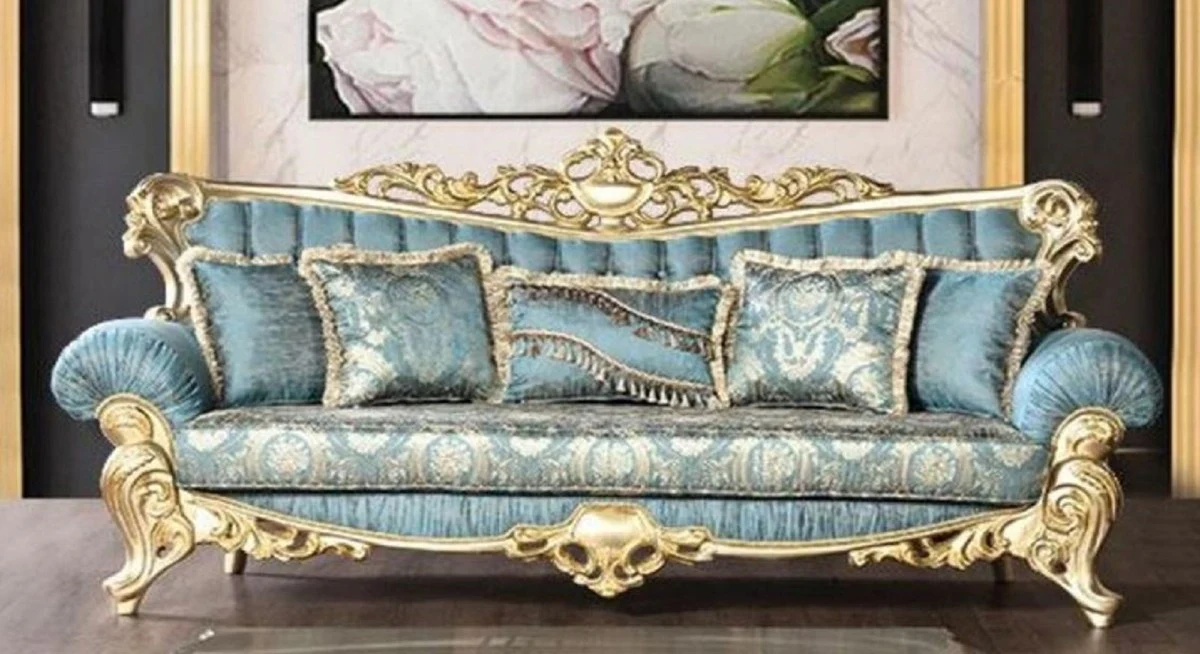 Luxus Barock Wohnzimmer Sofa Türkis / Gold 233 cm