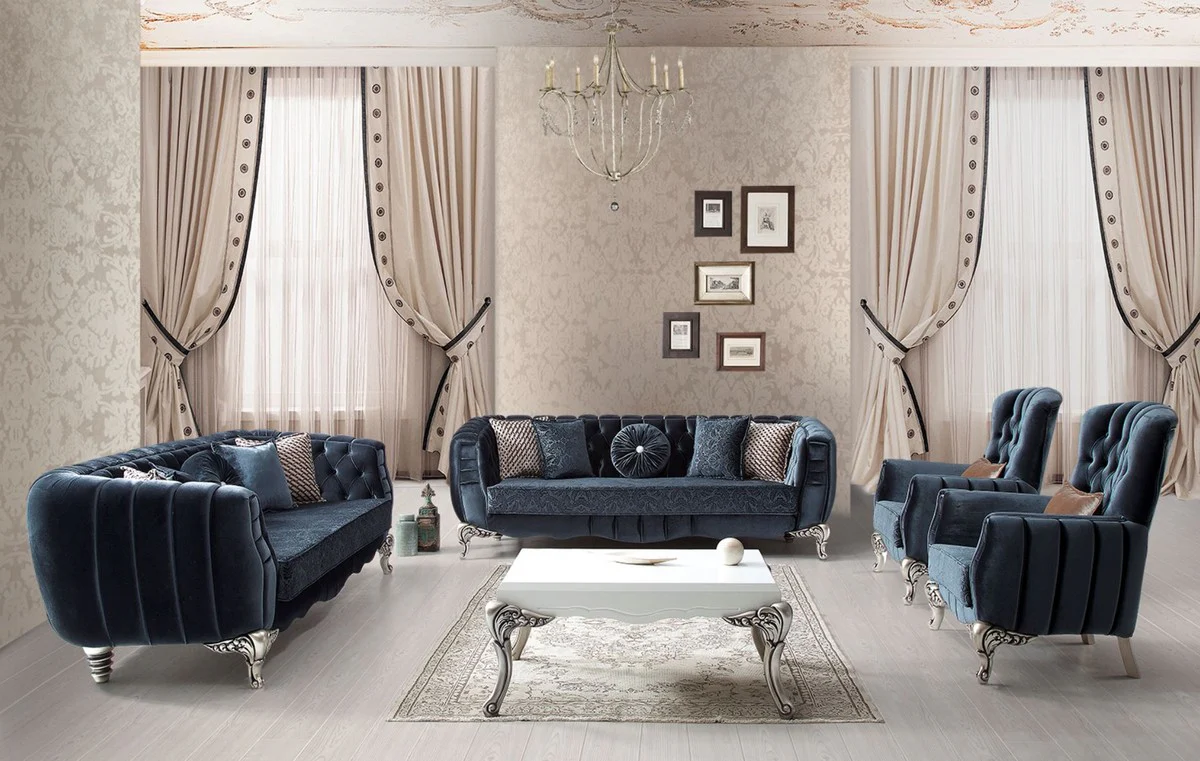 Luxus Barock Wohnzimmer Set Blau / Silber - 2 Sofas & 2 Sessel & 1 Couchtisch - Elegante Wohnzimmer Möbel im Barockstil