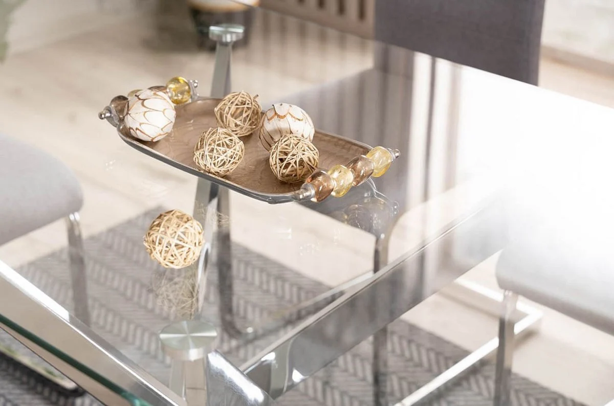 Luxus Esstisch Silber 140 x 80 x H. 75 cm - Rechteckiger Esszimmertisch mit gehärteter Glasplatte - Esszimmer Möbel - Küchen Möbel