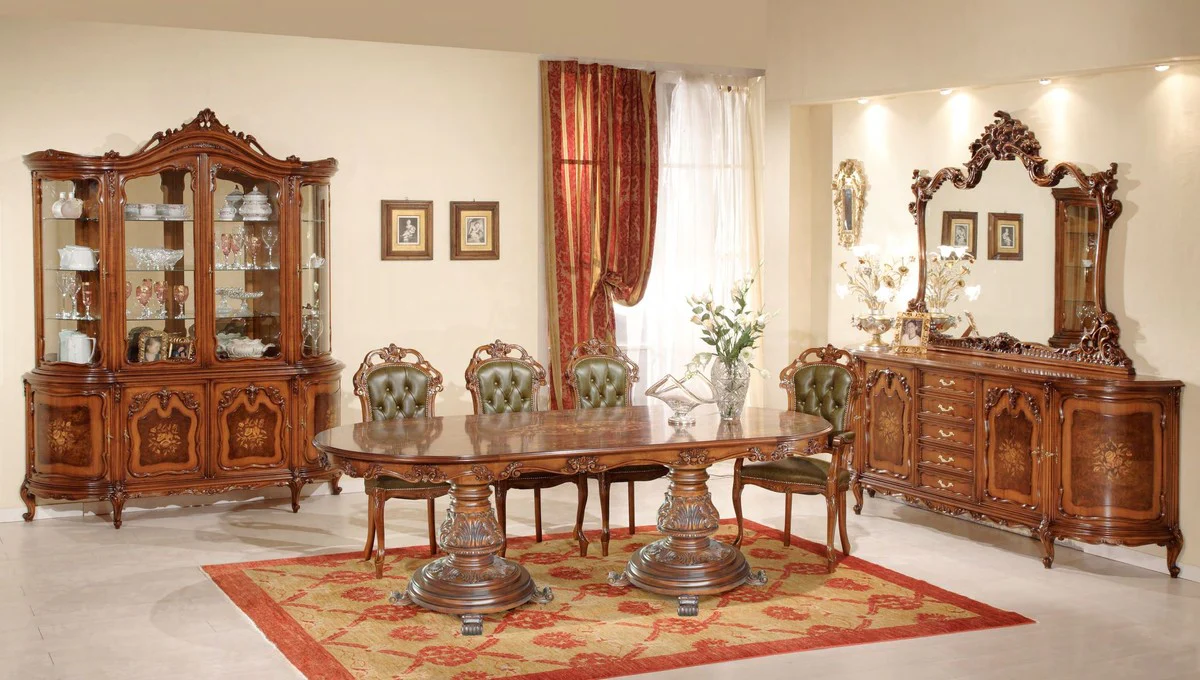 Luxus Barock Esszimmer Set Grün / Braun - 1 Ovaler Barock Esstisch & 8 Barock Esszimmerstühle - Luxus Esszimmer Möbel im Barockstil - Barock Möbel - Luxus Qualität - Made in Italy