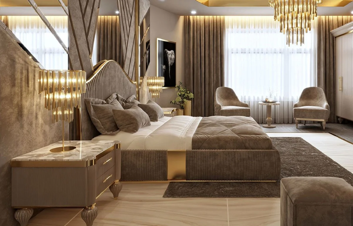 Luxus Art Deco Doppelbett Grau / Gold - Edles Massivholz Bett mit Kopfteil - Art Deco Schlafzimmer & Hotel Möbel - Luxus Kollektion