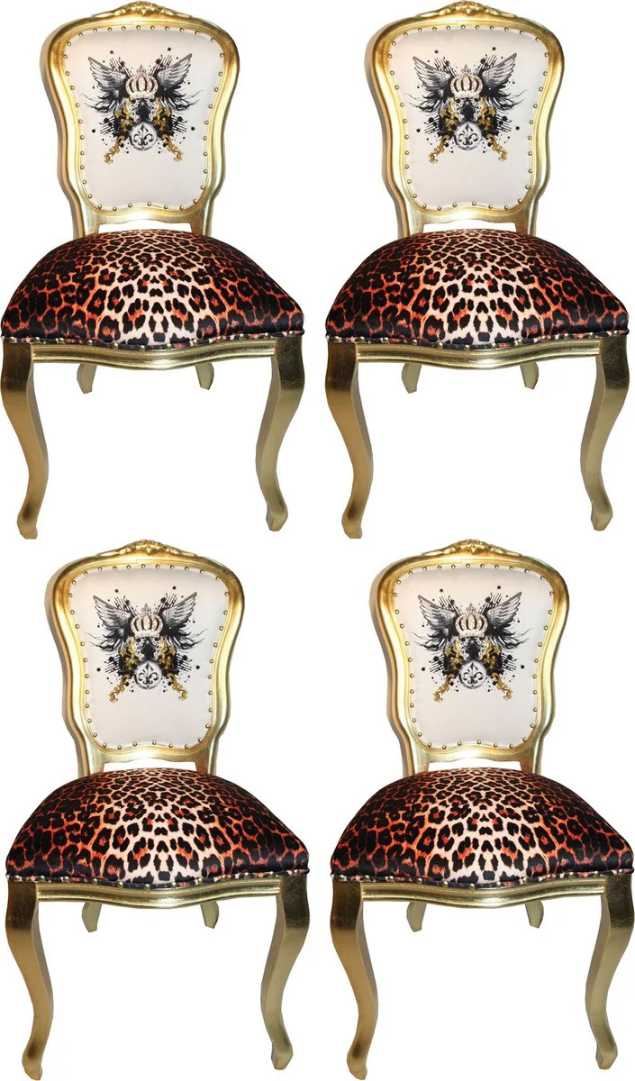 Pompöös by Luxus Barock Esszimmerstühle Glitzerkrone & Engelsflügel Leopard / Weiß / Gold 50 x 60 x H.104 cm - Pompööse Barock Stühle designed by Harald Glööckler - 4 Esszimmerstühle
