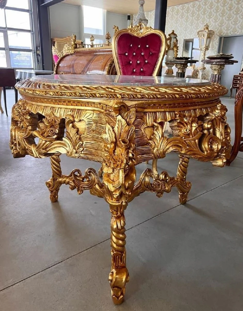 Barock Esstisch Gold / Grau-Braun - Runder Massivholz Esszimmertisch mit Marmorplatte - Esszimmer Möbel im Barockstil - Barock Möbel - Edel & Prunkvoll