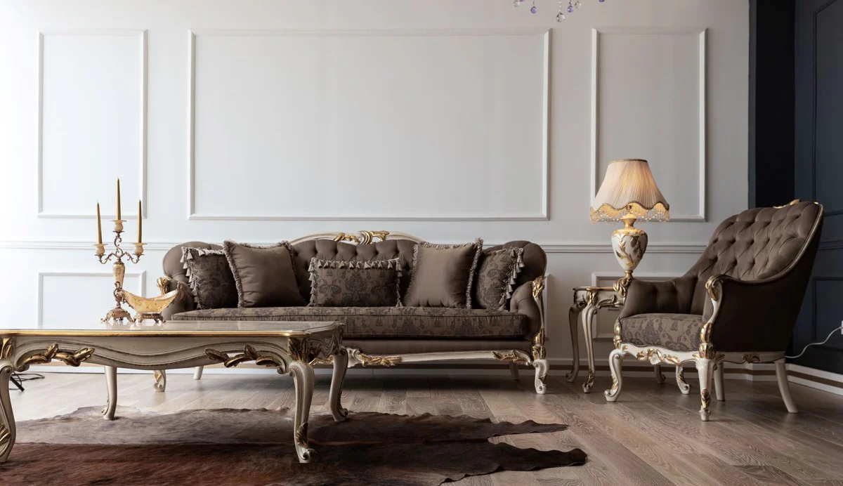 Luxus Barock Couchtisch Cremefarben / Weiß / Gold - Handgefertigter Massivholz Wohnzimmertisch - Barock Wohnzimmer Möbel