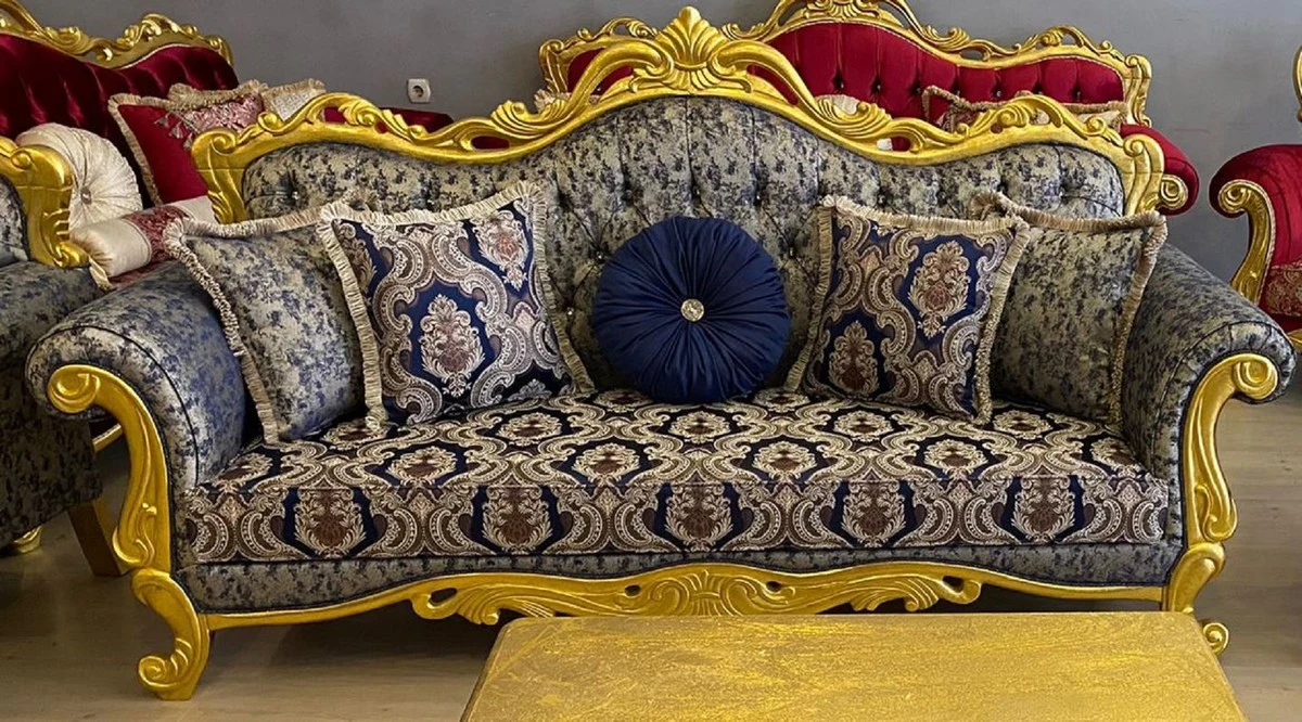 Luxus Barock Sofa Dunkelblau / Beige / Gold - Prunkvolles Wohnzimmer Sofa mit elegantem Muster und Glitzersteinen - Wohnzimmer Möbel - Barock Möbel - Edel & Prunkvoll