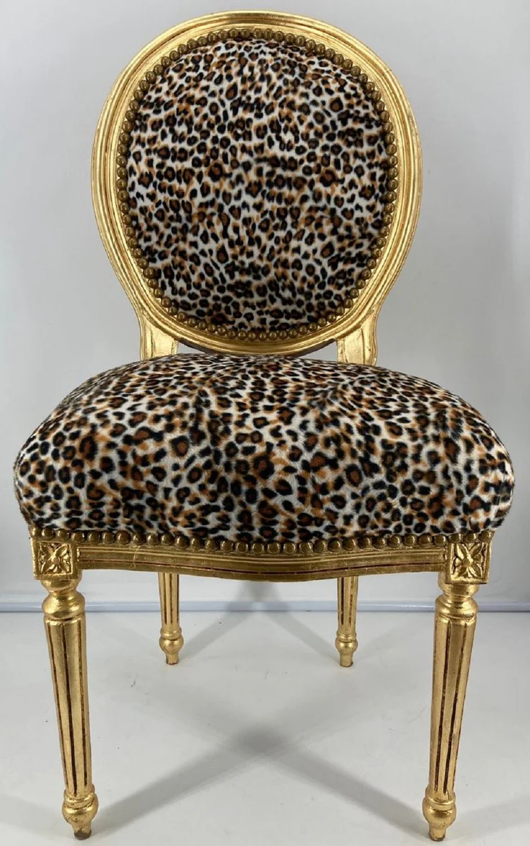 Barock Esszimmer Stuhl Medaillon Leopard / Gold - Handgefertigter Massivholz Antik Stil Küchen Stuhl mit Muster - Barock Esszimmer Möbel