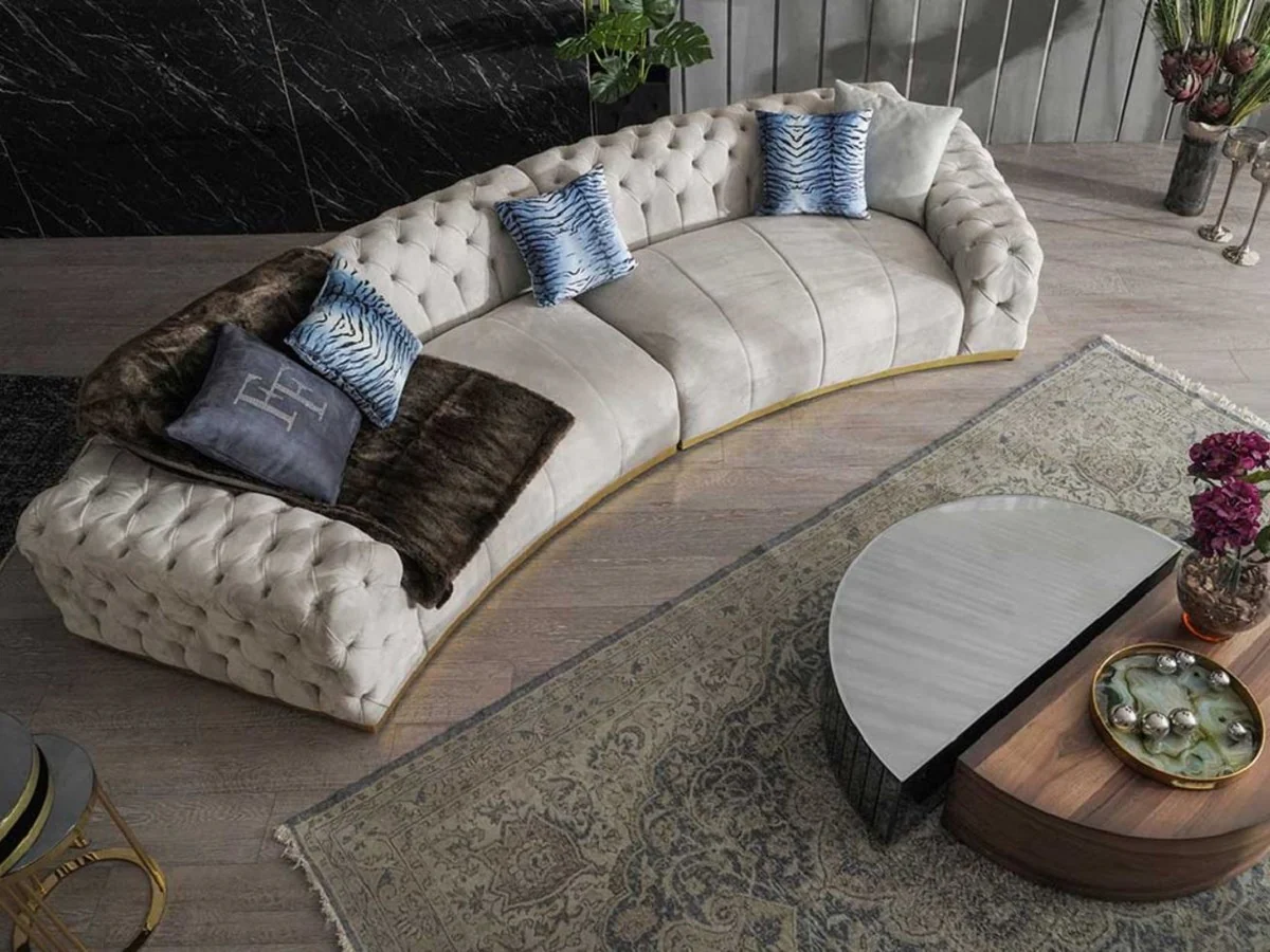 Luxus Chesterfield Sofa Grau / Gold 380 x 100 x H. 72 cm - Gebogenes Wohnzimmer Sofa - Hotel Sofa - Wohnzimmer Möbel - Chesterfield Möbel - Luxus Möbel - Luxus Einrichtung