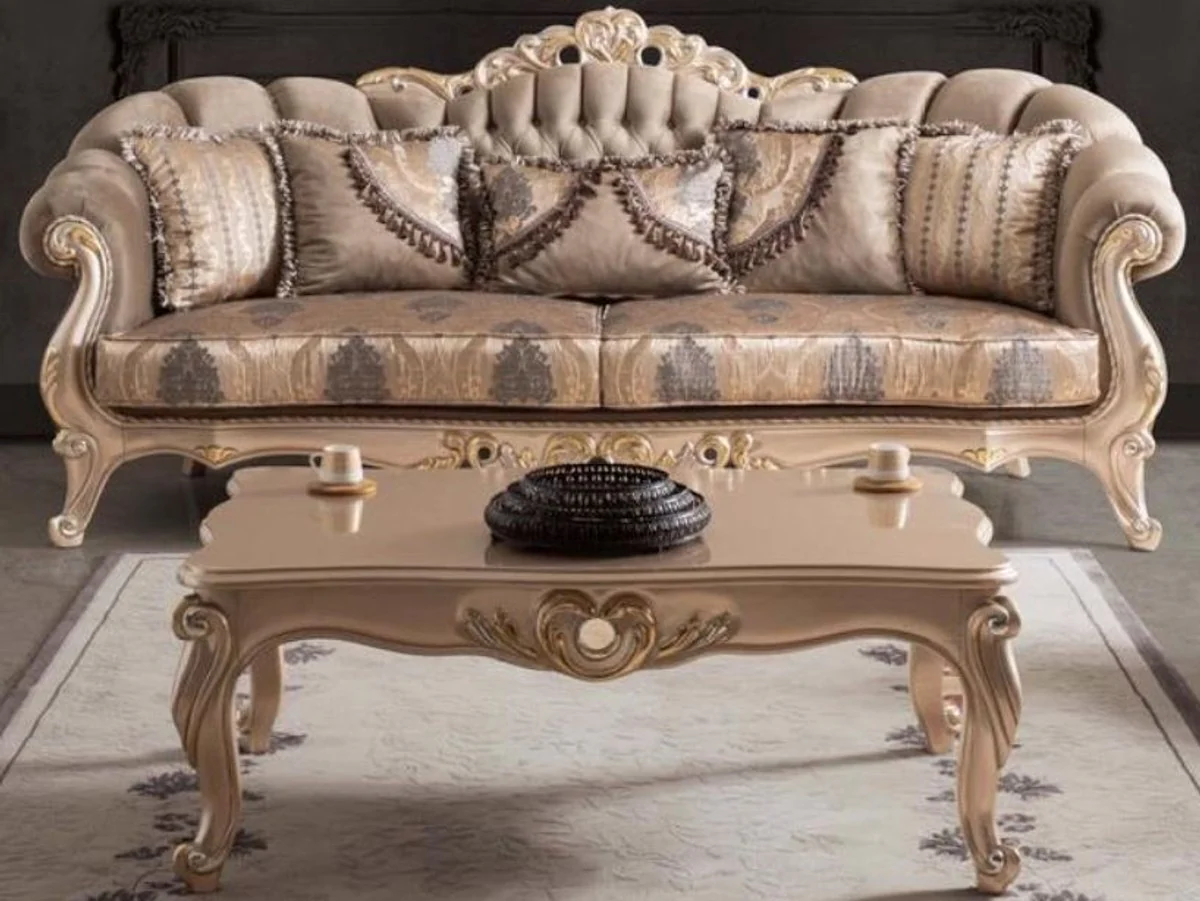 Luxus Barock Wohnzimmer Sofa mit Kissen Taupe / Bronze / Gold 243 x 89 x H. 106 cm - Barock Möbel