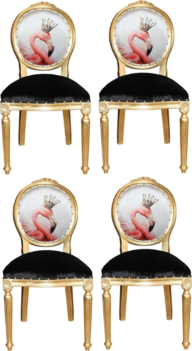 Luxus Barock Esszimmer Set Flamingo mit Krone Gold / Schwarz / Mehrfarbig 48 x 50 x H. 98 cm - 4 handgefertigte Esszimmerstühle mit Bling Bling Glitzersteinen - Barock Esszimmermöbel