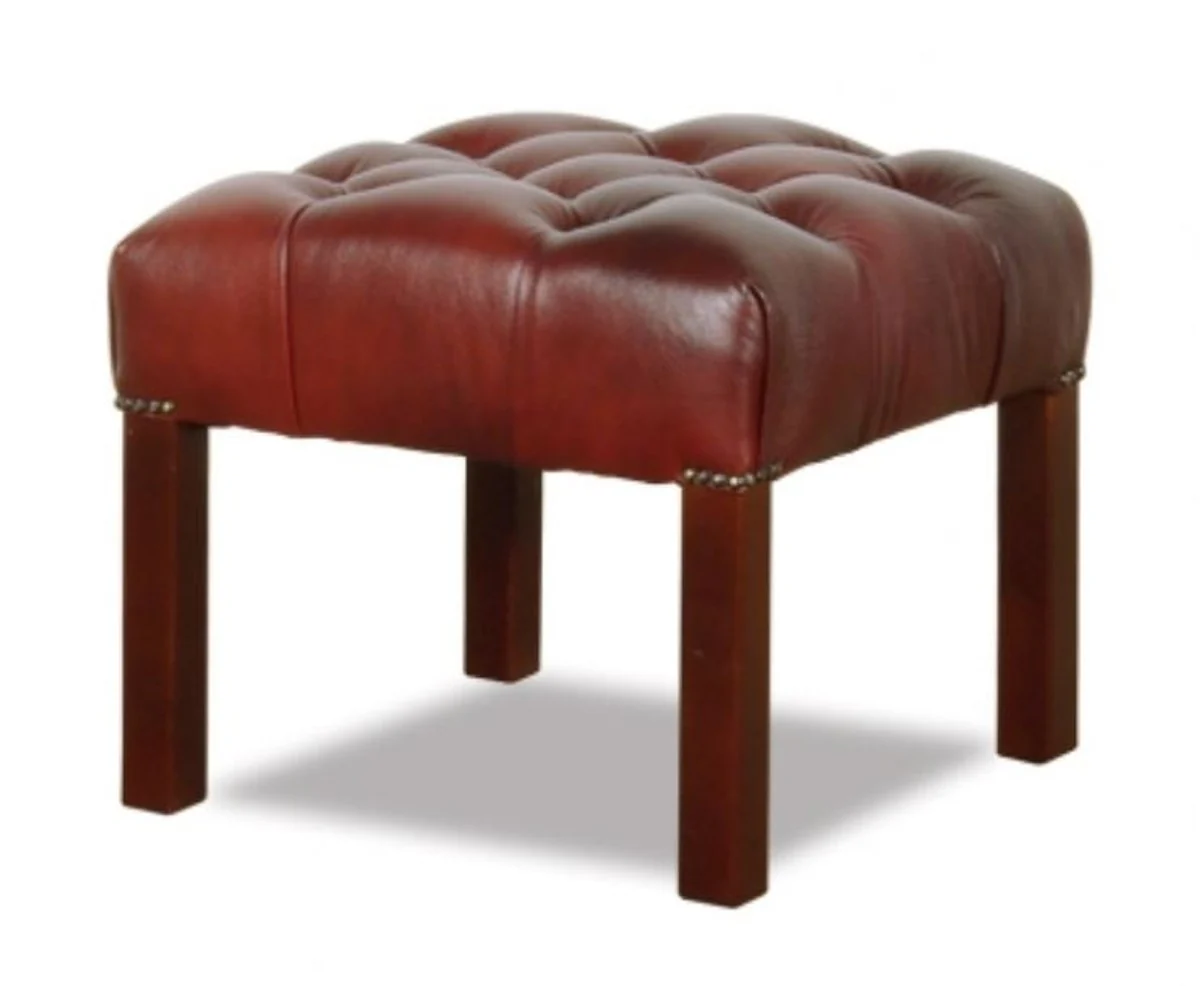 Chesterfield Echtleder Hocker in weinrot mit dunkelbraunen Beinen 50 x 50 x H. 45 cm - Wohnzimmermöbel