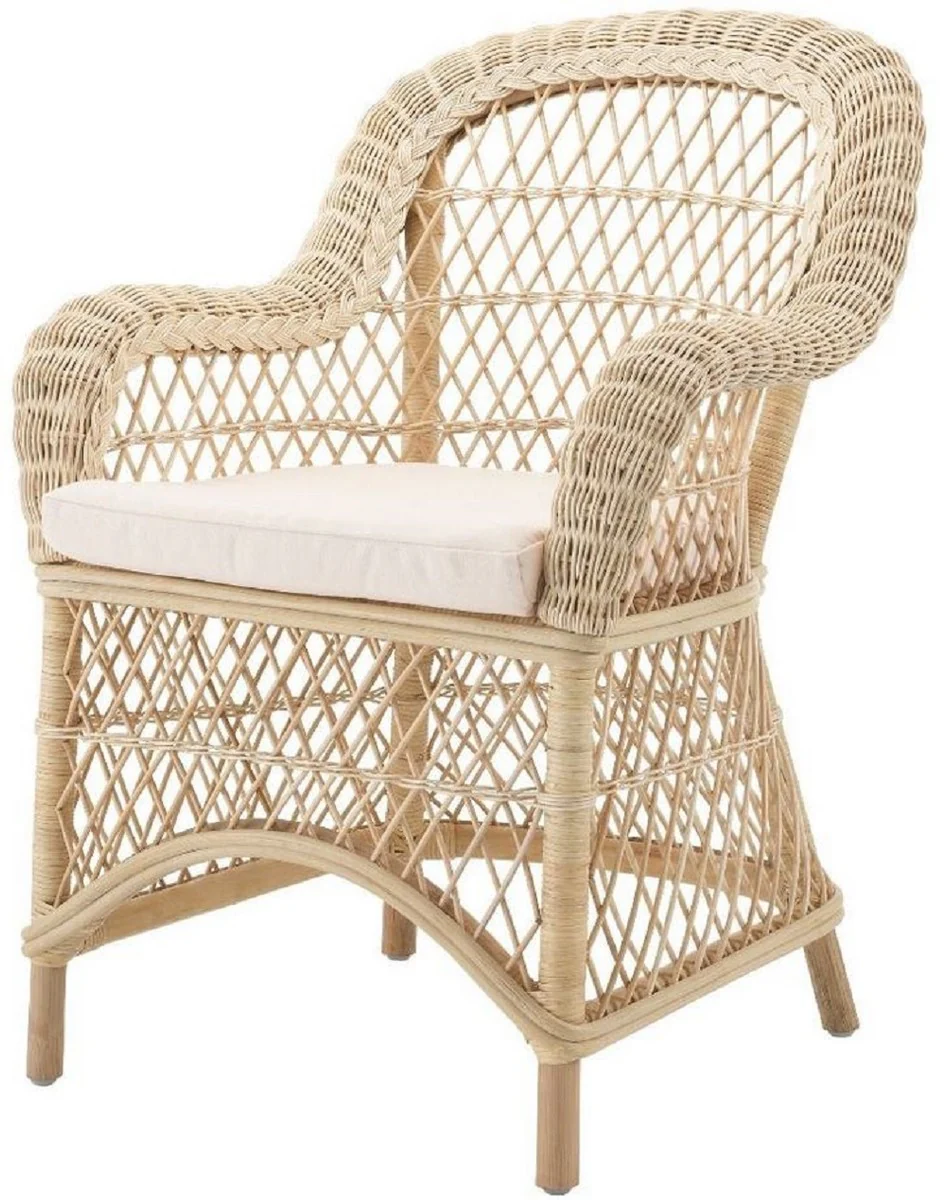 Luxus Rattan Esszimmerstuhl mit Armlehnen und Kissen Naturfarben / Cremefarben 63 x 68 x H. 88 cm - Esszimmermöbel