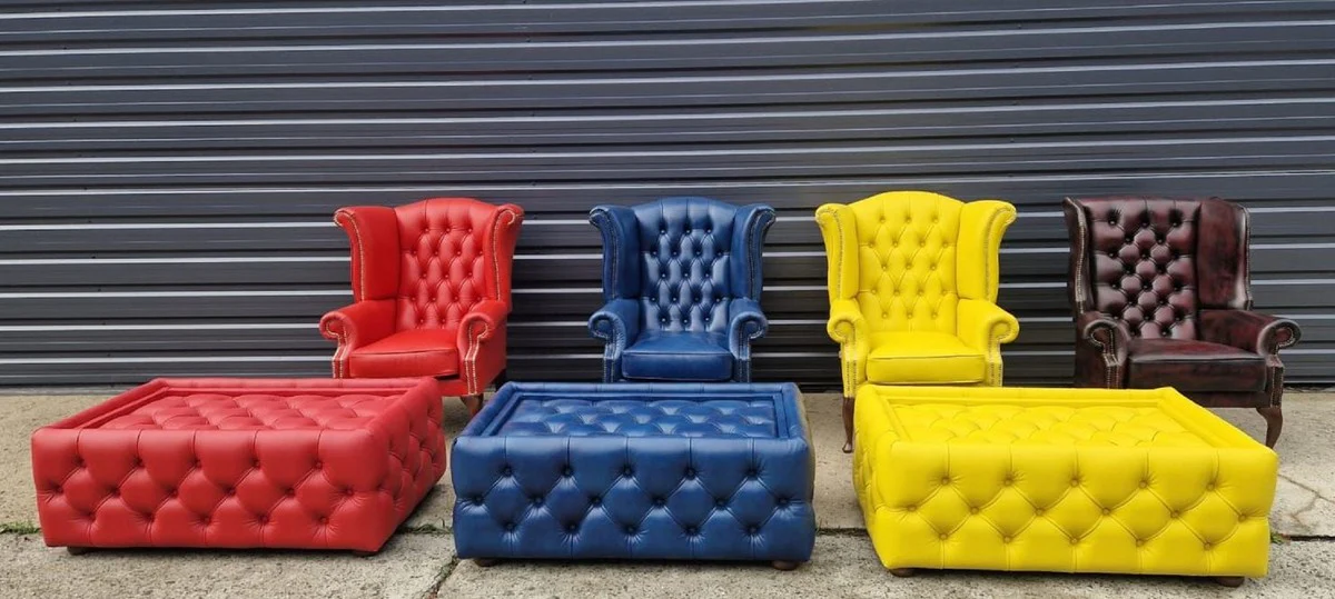 Luxus Chesterfield Ohrensessel Gelb / Dunkelbraun 98 x 90 x H. 110 cm - Echtleder Chesterfield Wohnzimmer Sessel - Wohnzimmer Möbel - Chesterfield Möbel - Luxus Leder Möbel