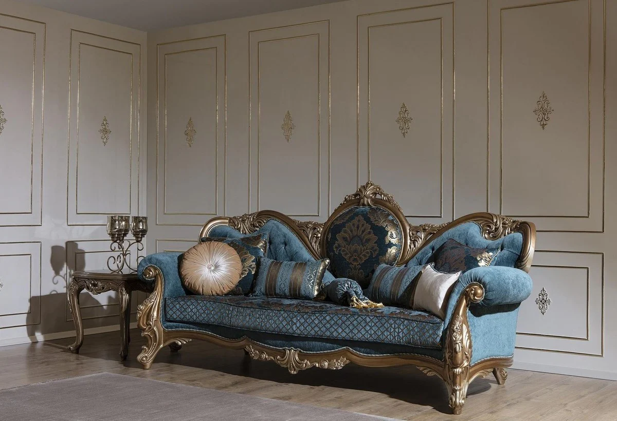 Luxus Barock Wohnzimmer Set Blau / Gold - 2 Sofas & 2 Sessel & 1 Couchtisch - Prunkvolle Wohnzimmer Möbel im Barockstil