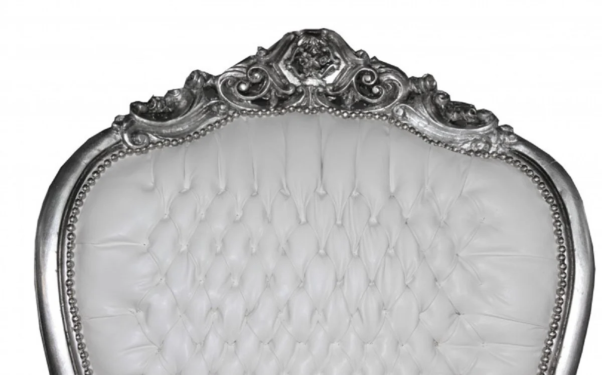 Barock Thron Sessel mit Kunstleder Weiß / Silber - Handgefertigter Königssessel - Prunkvoller Hochzeitssessel - Barock Riesensessel - Barock Möbel