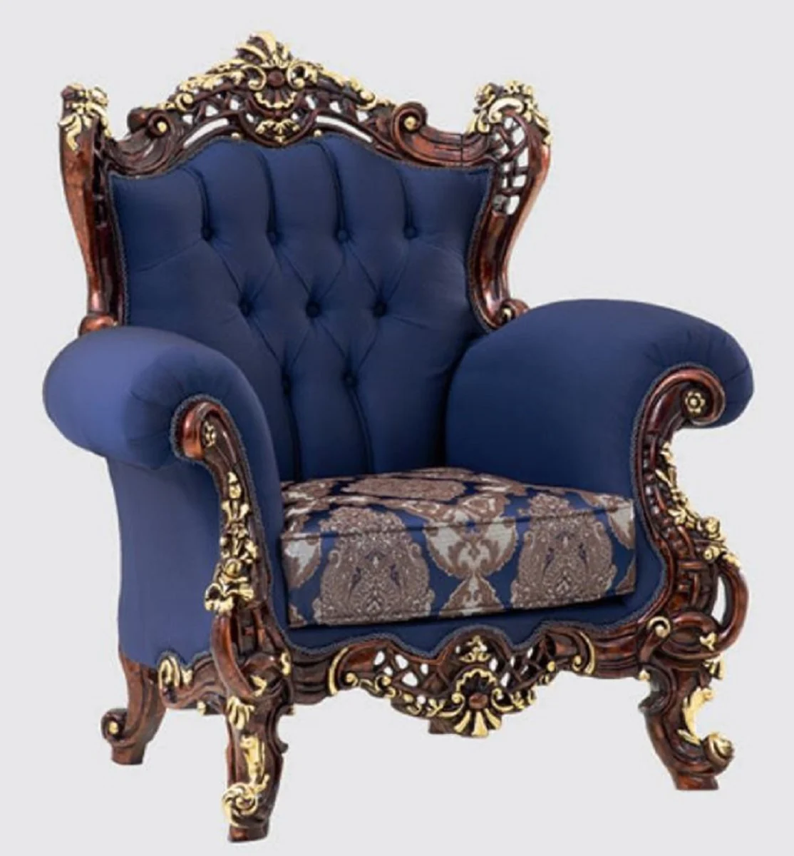 Luxus Barock Wohnzimmer Set Blau / Dunkelbraun / Gold - 2 Sofas & 2 Sessel & 1 Couchtisch - Handgefertigte Wohnzimmer Möbel im Barockstil - Edel & Prunkvoll