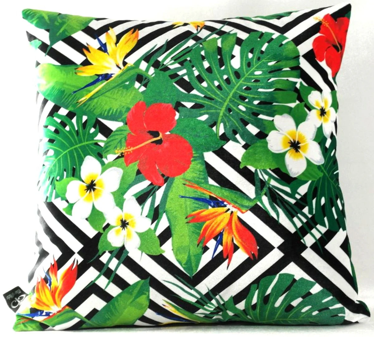Luxus Kissen Miami Flowers Schwarz / Weiß / Mehrfarbig 45 x 45 cm - Feinster Samtstoff - Wohnzimmer Deko Zierkissen