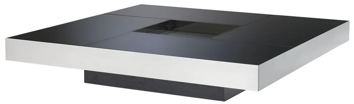 Luxus Couchtisch Silber / Schwarz 120 x 120 x H. 23,5 cm - Quadratischer Edelstahl Wohnzimmertisch mit Spiegelglas Tischplatten - Wohnzimmer Möbel - Luxus Qualität