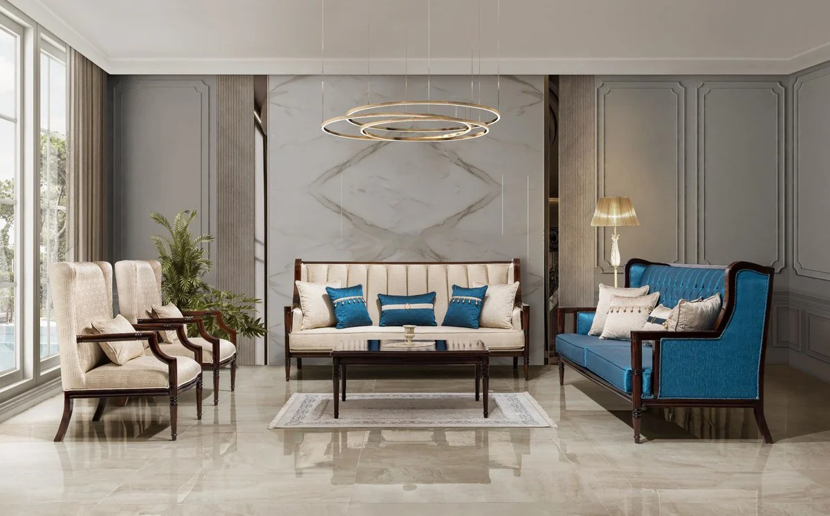 Luxus Barockstil Wohnzimmer Möbel Set Beige / Blau / Dunkelbraun