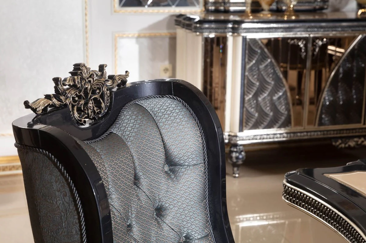 Luxus Barock Esszimmerstuhl 6er Set Hellblau / Schwarz / Gold - Barockstil Küchenstühle mit Muster - Luxus Esszimmer Möbel im Barockstil - Barock Esszimmer Möbel - Barock Einrichtung