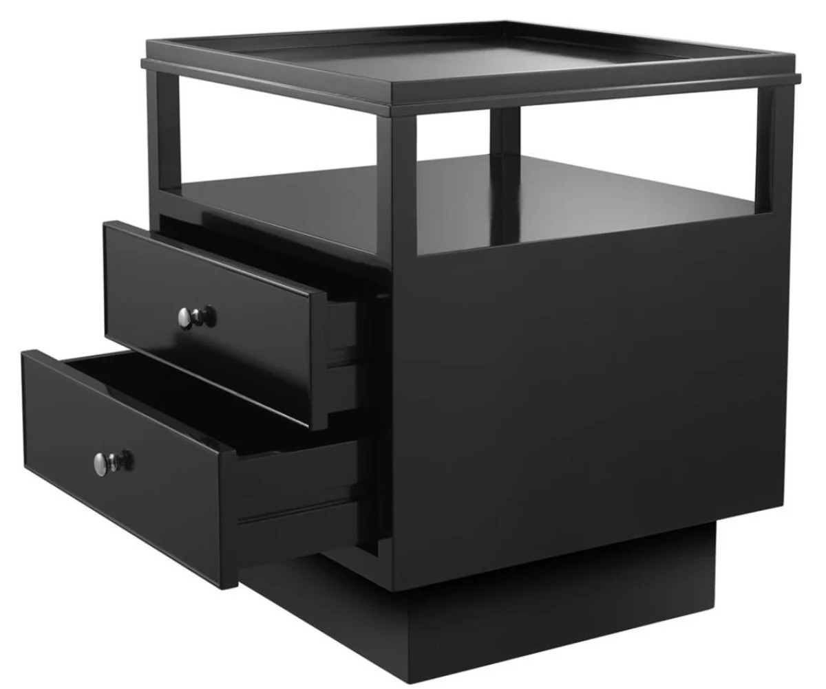Luxus Mahagoni Nachttisch mit 2 Schubladen Schwarz / Silber 57 x 55 x H. 61 cm - Luxus Schlafzimmermöbel