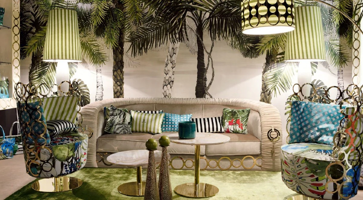 Luxus Sofa mit Metall Ornamenten Beige / Gold 260 x 103 x H. 80 cm - Luxus Wohnzimmer & Hotel Möbel - Erstklassische Qualität - Made in Italy