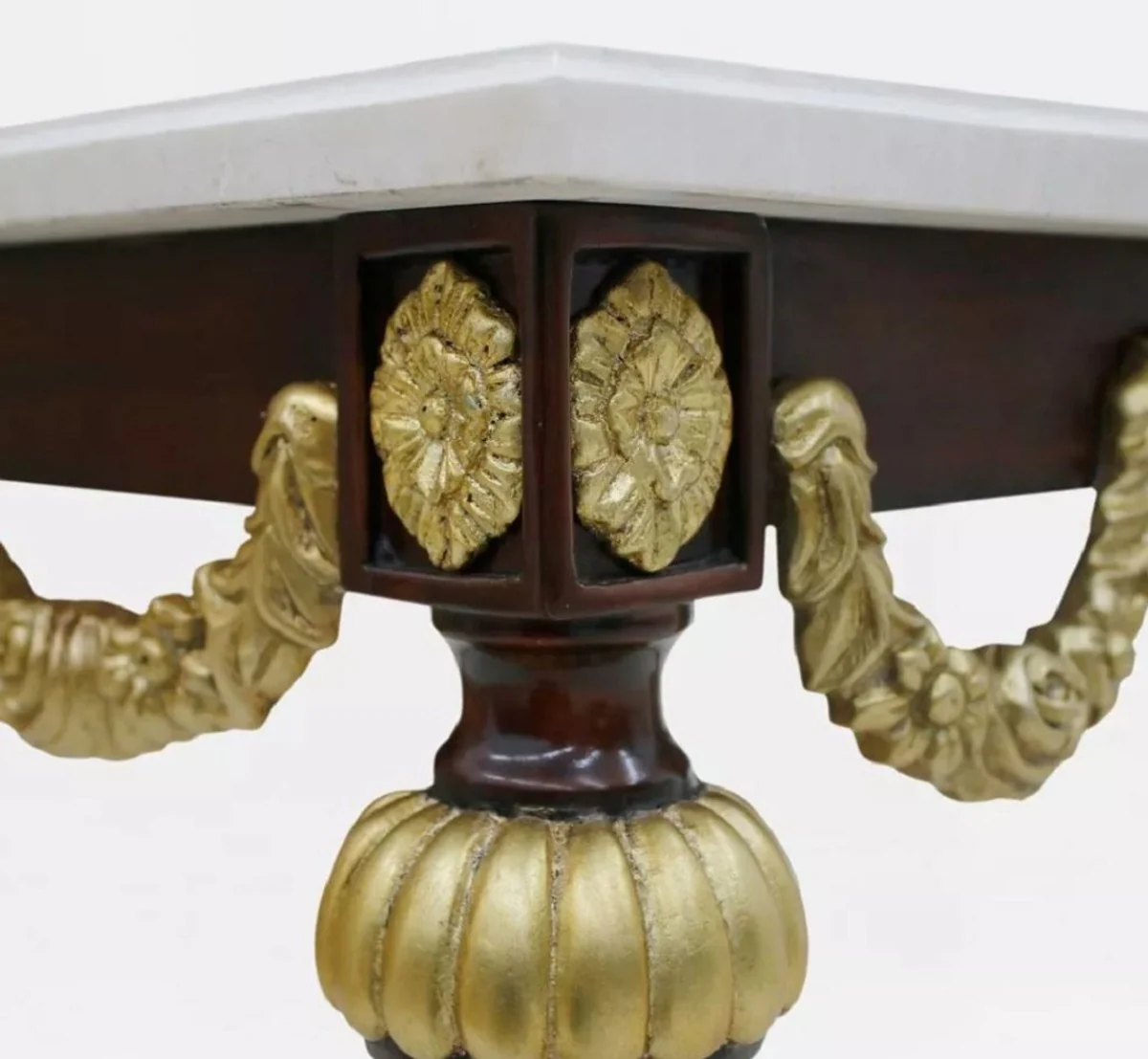Luxus Barock Beistelltisch mit Marmorplatte Weiß / Dunkelbraun / Gold - Rechteckger Massivholz Tisch im Barockstil - Barock Möbel - Edel & Prunkvoll