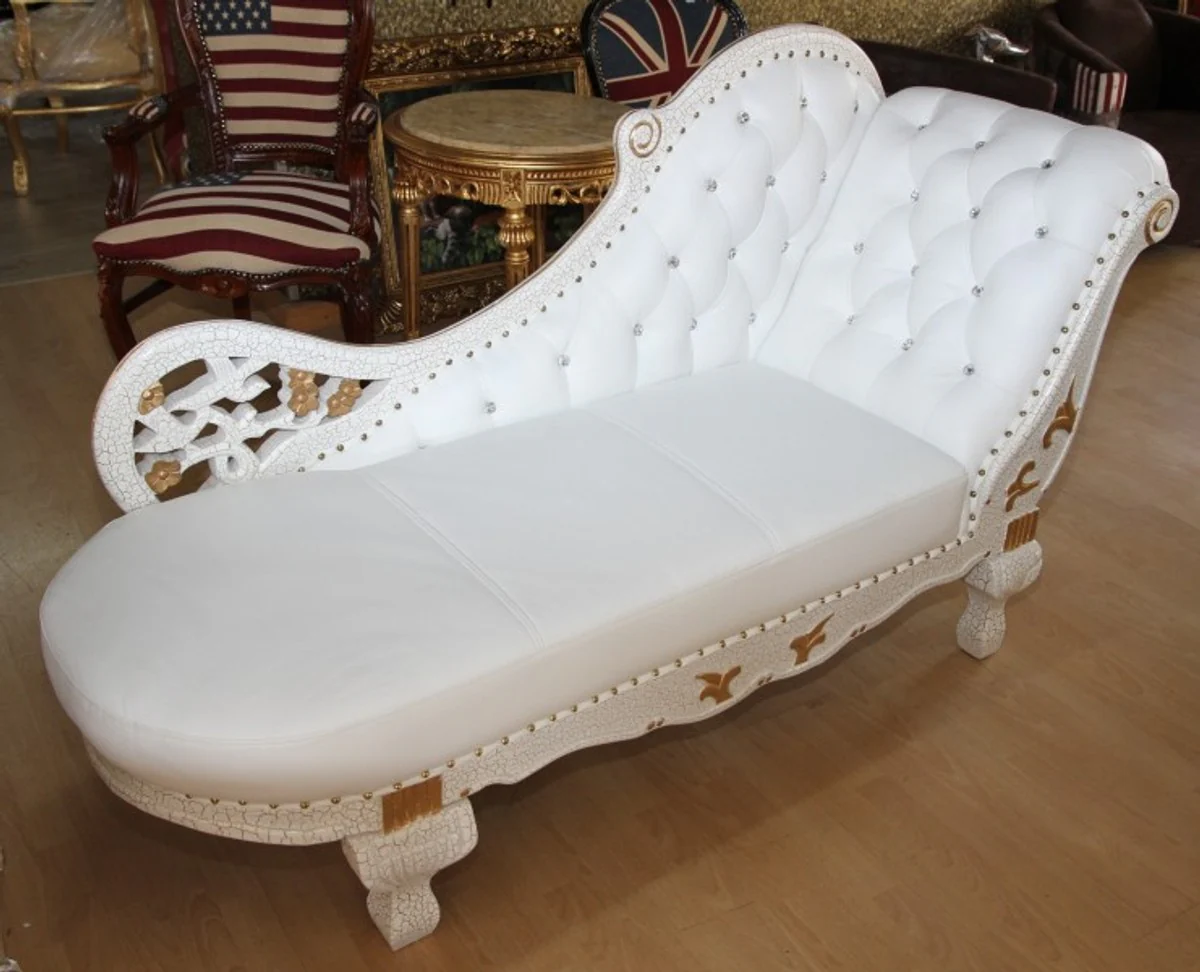Barock Chaiselongue Weiß / Gold / Echt Leder Chaise Lonque - Recamiere aus dem Hause - Liege Sofa Wohnzimmer Möbel