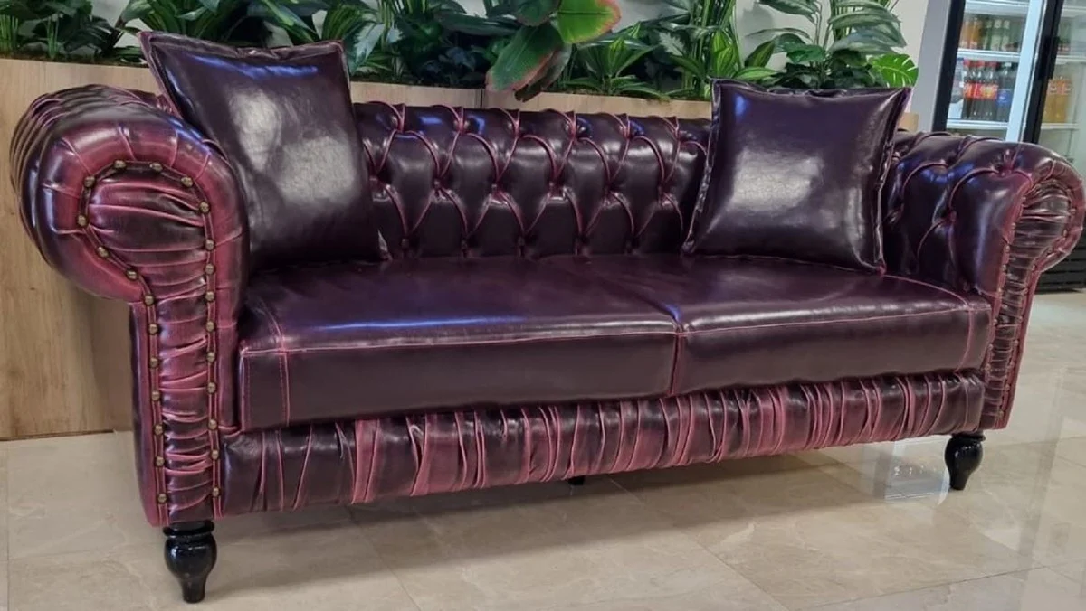 Luxus Chesterfield Kunstleder 2er Sofa Lila / Schwarz 190 x 90 x H. 75 cm - Wohnzimmer Sofa - Wohnzimmer Möbel - Luxus Möbel - Wohnzimmer Einrichtung - Luxus Einrichtung - Möbel Luxus