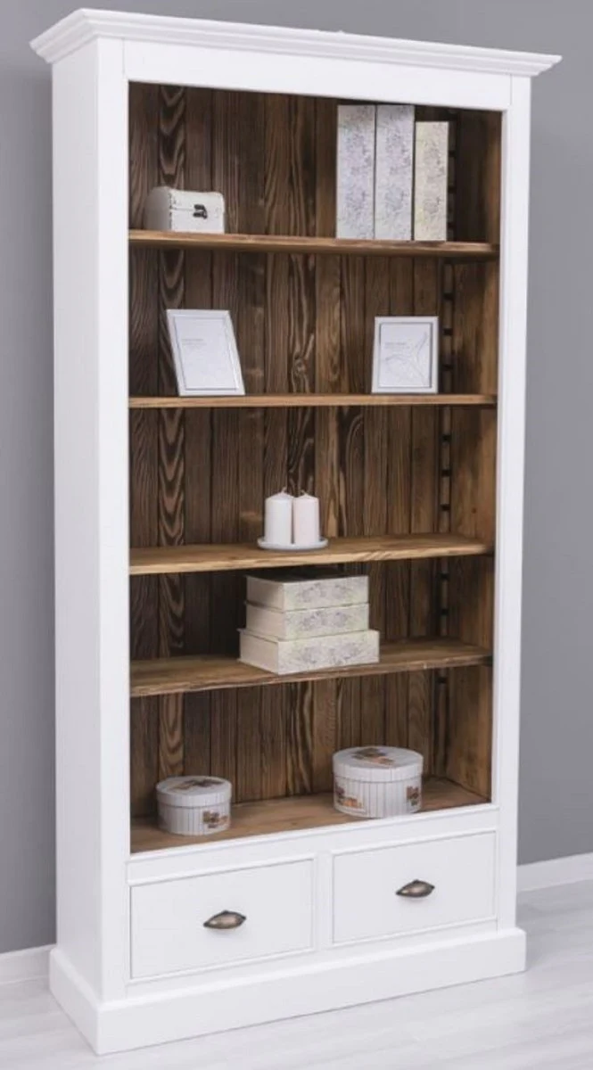 Landhausstil Bücherschrank Weiß / Braun 109 x 39 x H. 210 cm - Massivholz Schrank - Regalschrank - Wohnzimmerschrank - Büroschrank - Landhausstil Möbel