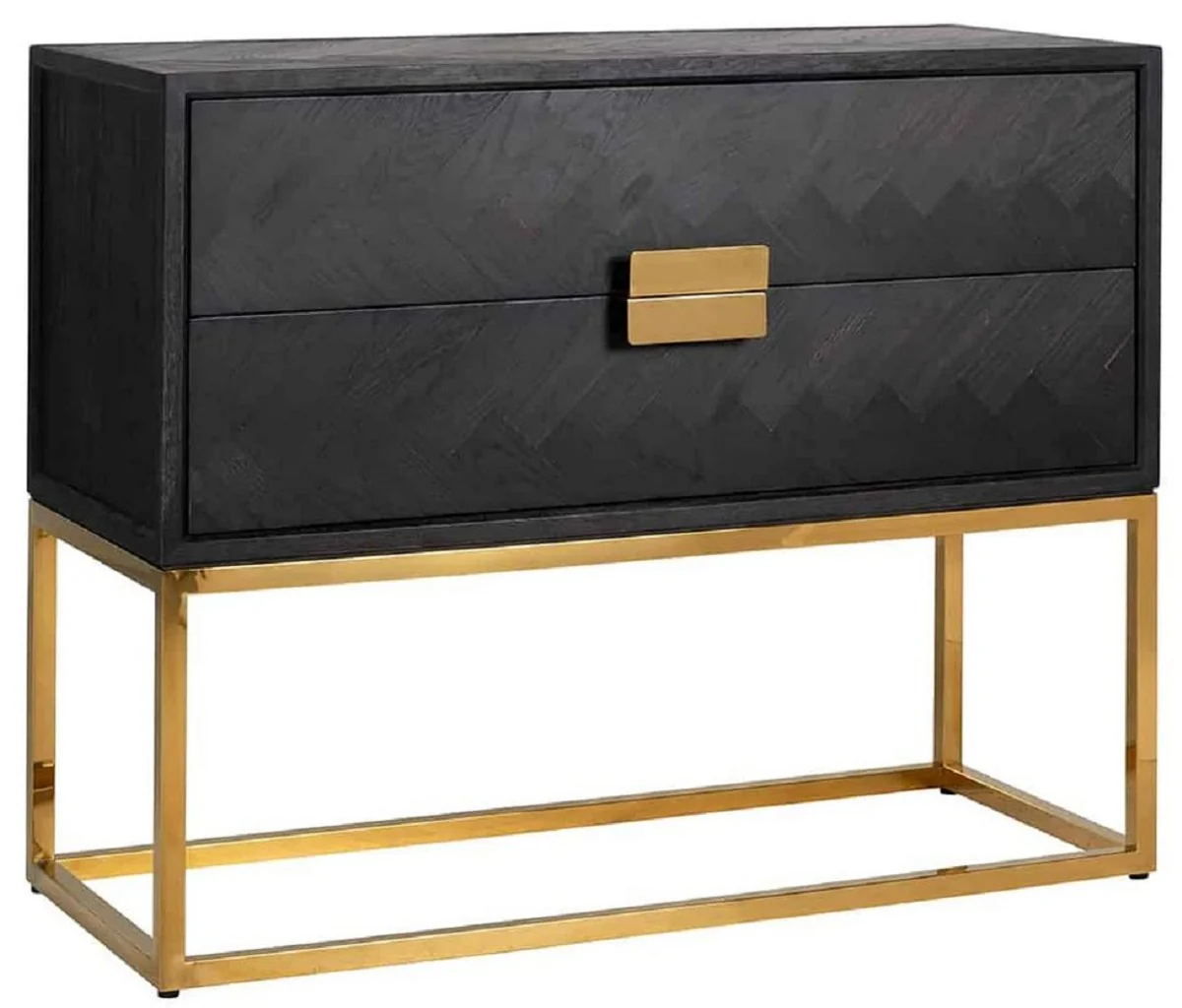 Luxus Massivholz Kommode mit 2 Schubladen Schwarz / Gold 108 x 45 x H. 87 cm - Wohnzimmer Möbel - Hotel Möbel - Luxus Kollektion