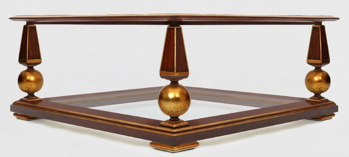 Luxus Barock Couchtisch Dunkelbraun / Antik Gold 113 x 113 x H. 47 cm - Prunkvoller Massivholz Wohnzimmertisch mit Glasplatten - Barock Wohnzimmer Möbel