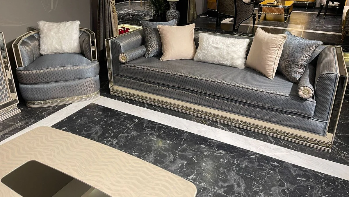 Luxus Art Deco Wohnzimmer Set Hellblau / Silber / Creme - 2 Art Deco Sofas & 2 Art Deco Sessel & 1 Art Deco Couchtisch - Wohnzimmer Möbel - Art Deco Möbel - Luxus Möbel