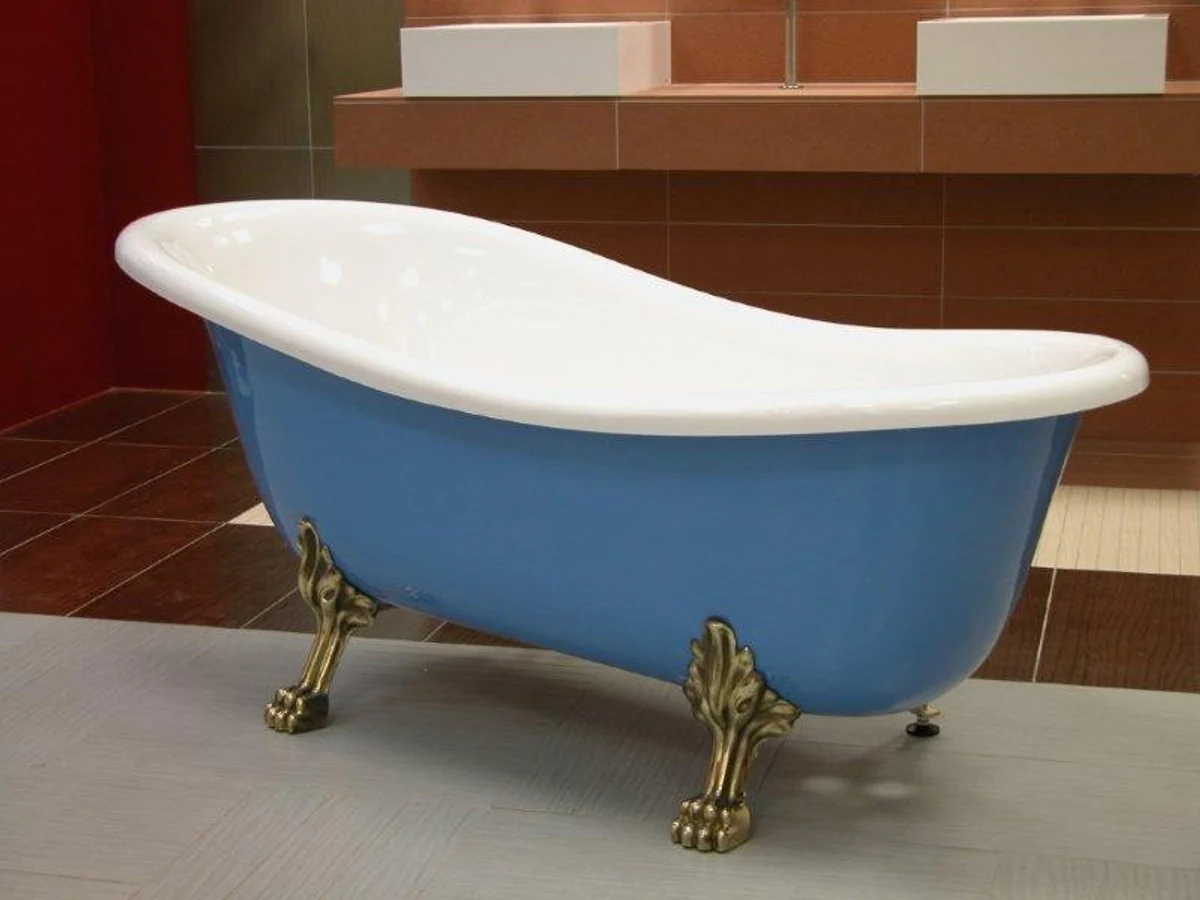 Freistehende Luxus Badewanne Jugendstil Roma Hellblau/Weiß/Altgold 1470mm - Barock Badezimmer