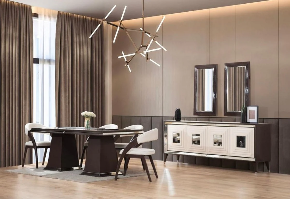 Luxus Art Deco Esszimmer Set Cremeweiß / Dunkelbraun - 1 Verspiegelter Luxus Art Deco Esstisch & 6 Luxus Art Deco Esszimmerstühle - Luxus Art Deco Esszimmer Möbel