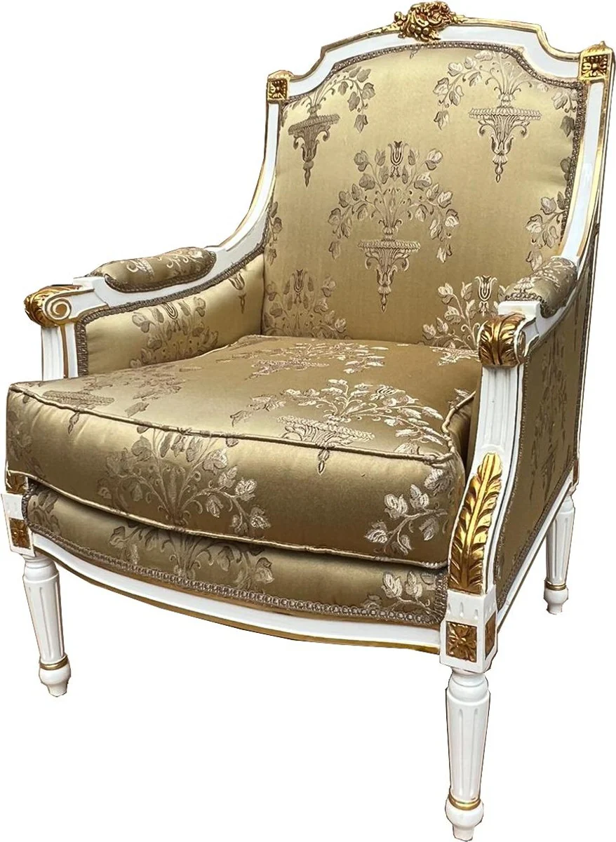Barock Lounge Thron Sessel Empire Gold Muster / Weiß / Gold - Interior Wohnzimmer Möbel