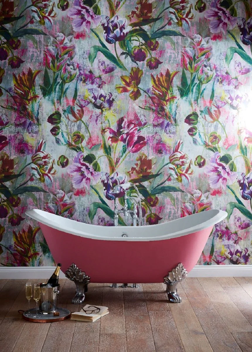 Luxus Jugendstil Badewanne Rosa / Weiß / Silber 180 x 77 x H. 79 cm - Gebogene freistehende Gusseisen Badewanne - Barock & Jugendstil Badezimmer Möbel