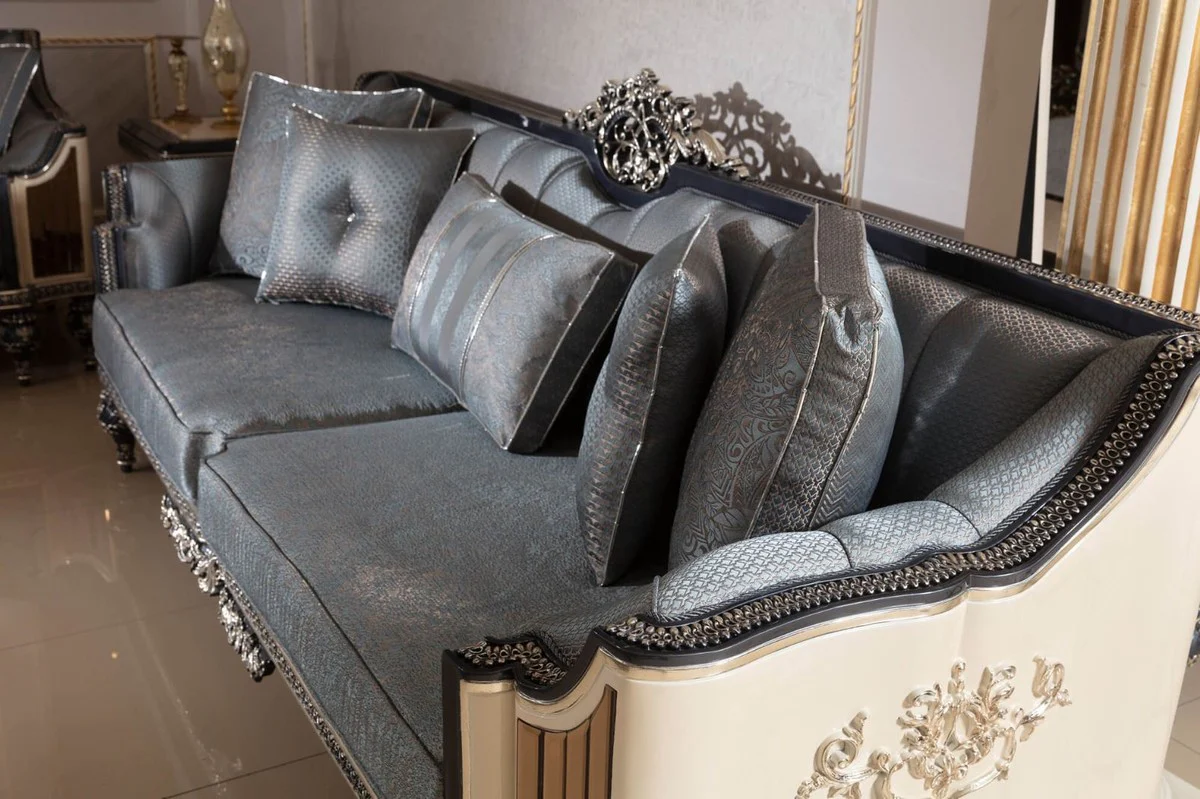Luxus Barock Sofa Hellblau / Beige / Schwarz / Gold - Prunkvolles Wohnzimmer Sofa mit elegantem Muster - Barock Wohnzimmer & Hotel Möbel - Edel & Prunkvoll